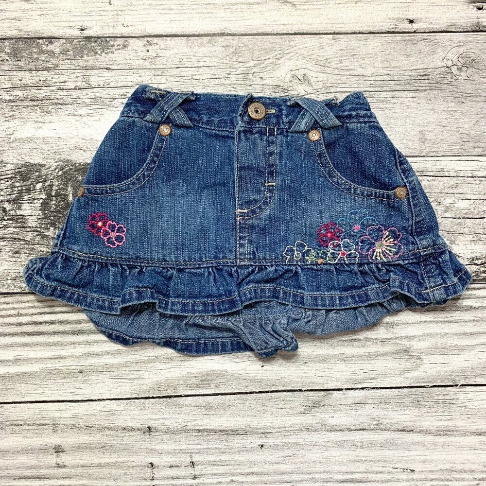 OshKosh B'Gosh Jean Skirt Floral Embroidered Ruffle Hem Pockets Dark Wash Denim